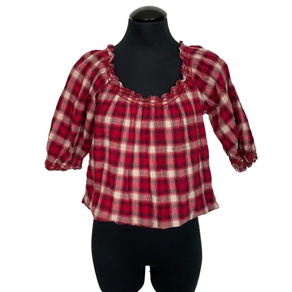 Max Studio Cotton Plaid Crop Blouse- Women’s S‎